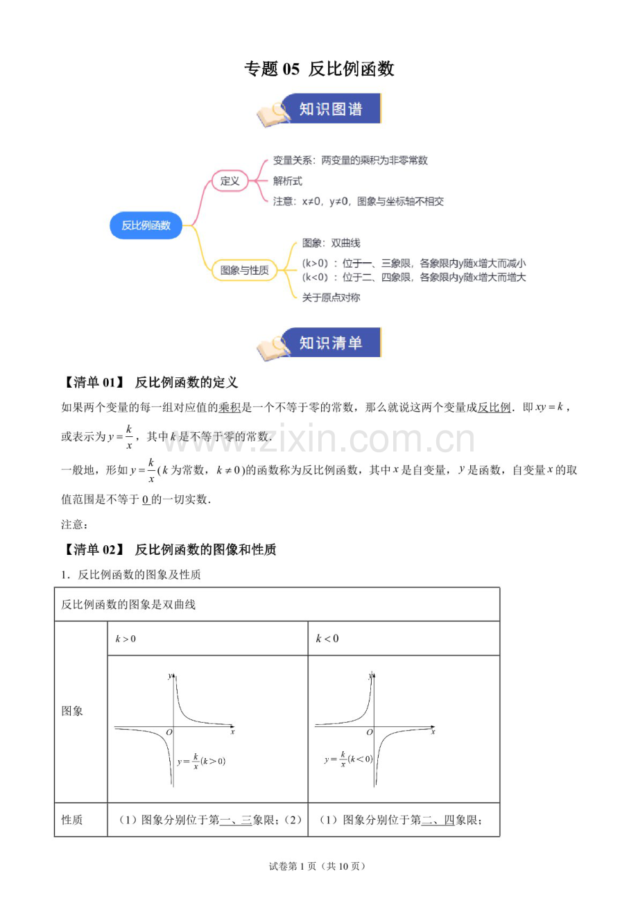 九年级数学（冀教版）上册——反比例函数必备知识七大题型清单两个易错清单专项练习题（含答案）.docx_第1页