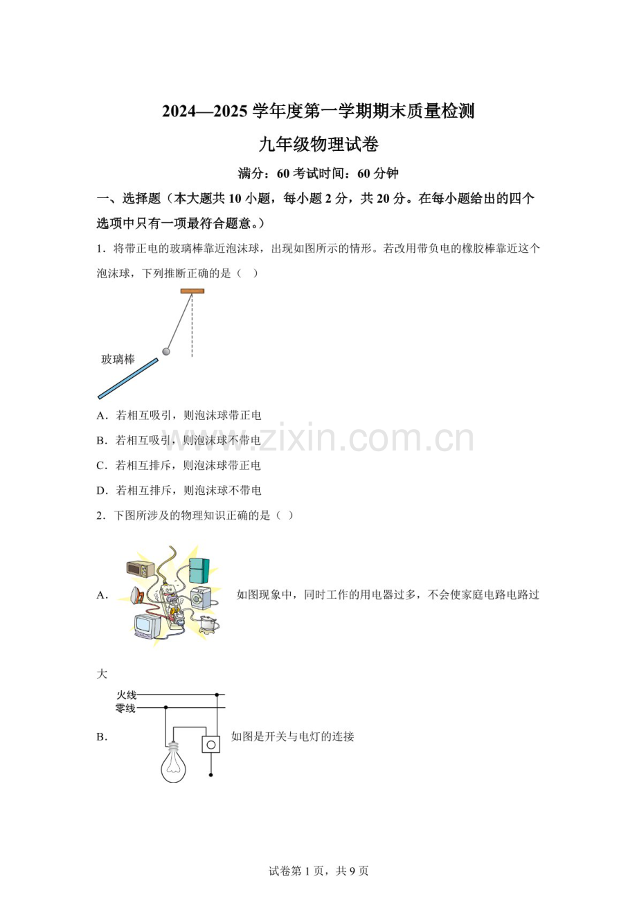 河北省秦皇岛市卢龙县2024-2025学年九年级上学期期末考试物理试题（含答案）.docx_第1页