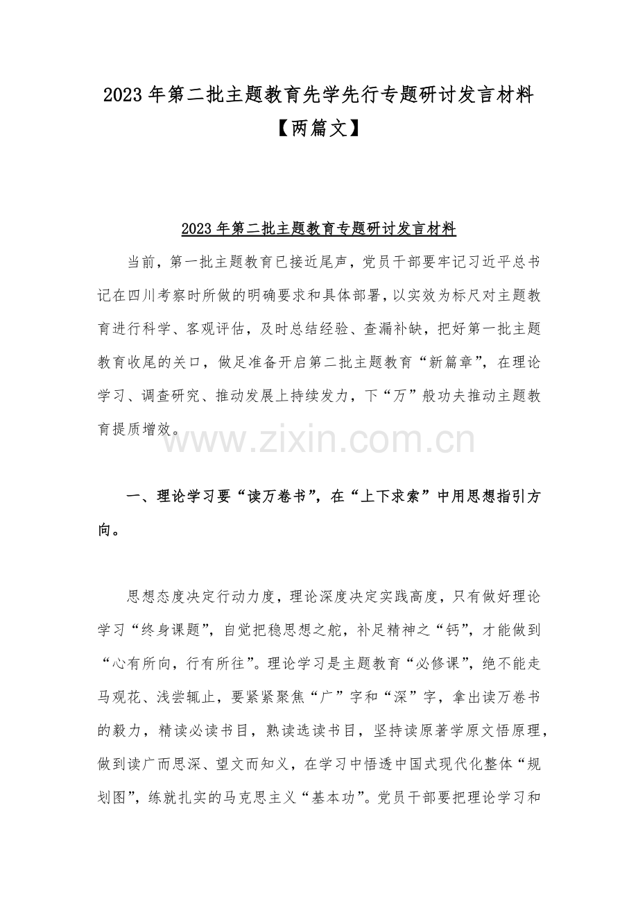 2023年第二批主题教育先学先行专题研讨发言材料【两篇文】.docx_第1页